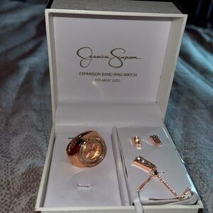 Jessica Simpson Rose Gold Crystal 3 Piece Set  Ring Watch + Necklace & Earrings